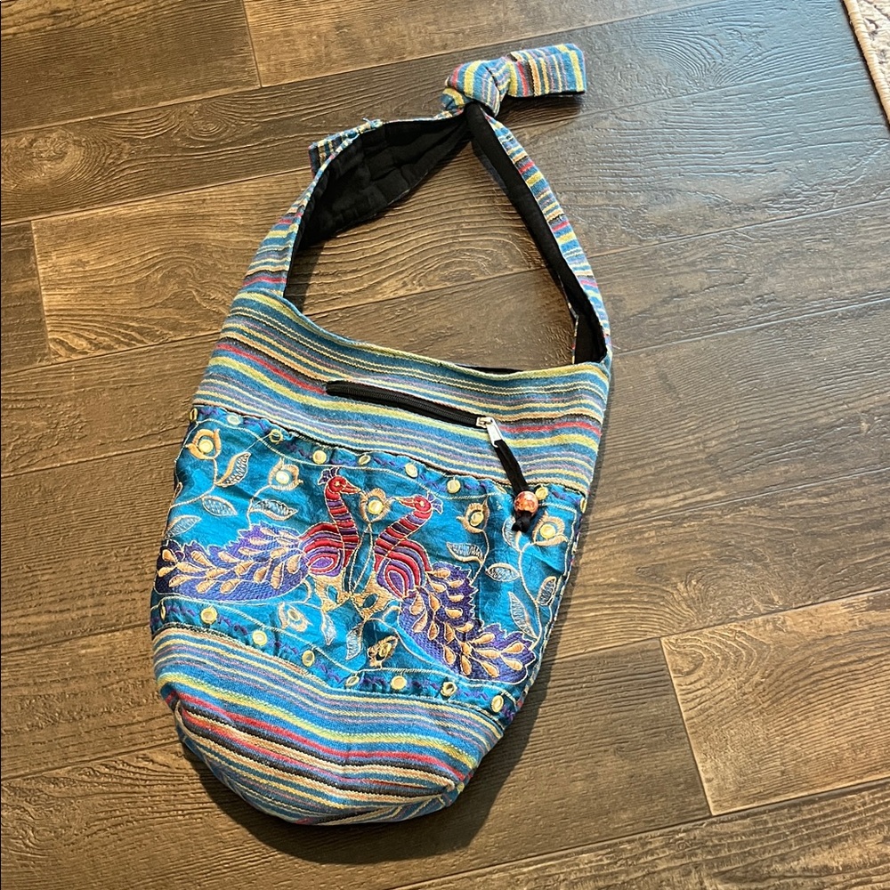 Tribe Azure Boho Embroidered Crossbody Bag in Multicolor Peacock